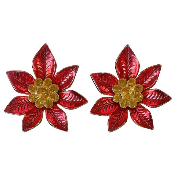 Gold Plate Red Enamel Amber Rhinestone Christmas Poinsettia Flower Clip Earrings - Picture 3 of 3